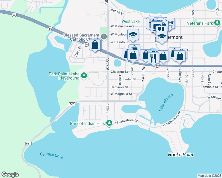 map of restaurants, bars, coffee shops, grocery stores, and more near 1198 West Magnolia Street in Clermont