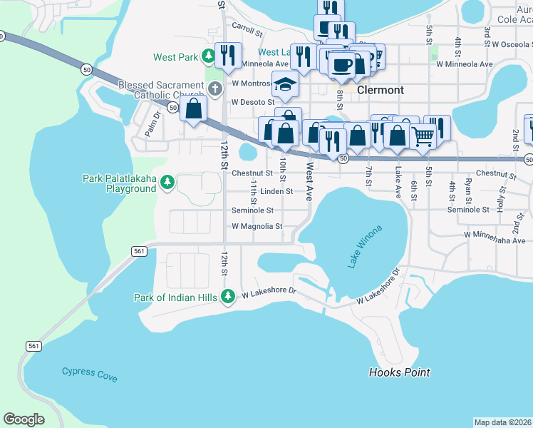 map of restaurants, bars, coffee shops, grocery stores, and more near 1438 10th Street in Clermont