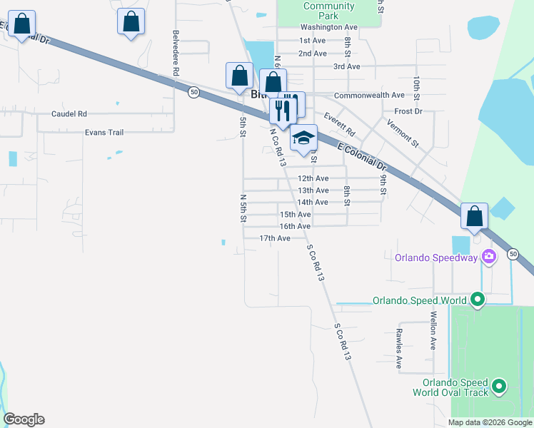 map of restaurants, bars, coffee shops, grocery stores, and more near 18303 16th Avenue in Orlando