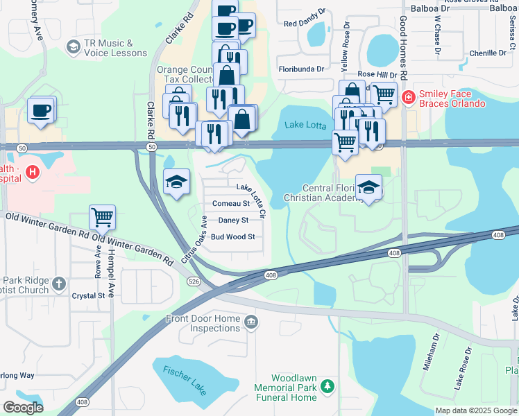 map of restaurants, bars, coffee shops, grocery stores, and more near 9317 Daney Street in Gotha