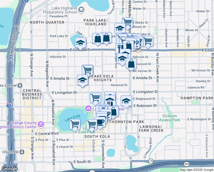 map of restaurants, bars, coffee shops, grocery stores, and more near 723 East Livingston Street in Orlando