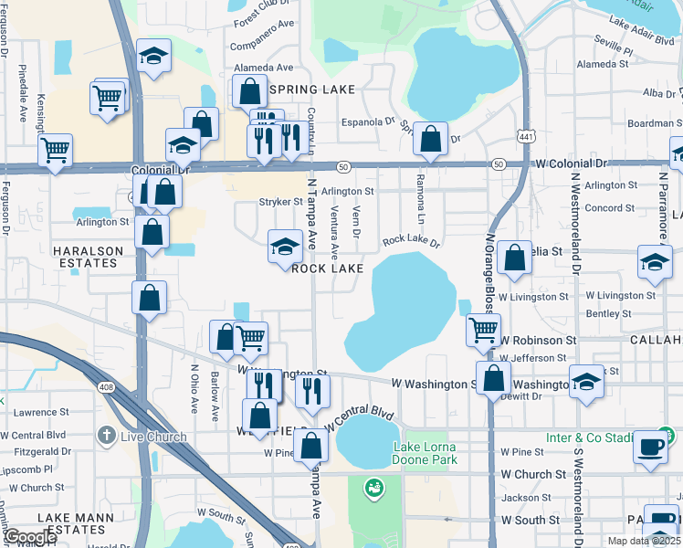 map of restaurants, bars, coffee shops, grocery stores, and more near 408 Ventura Avenue in Orlando