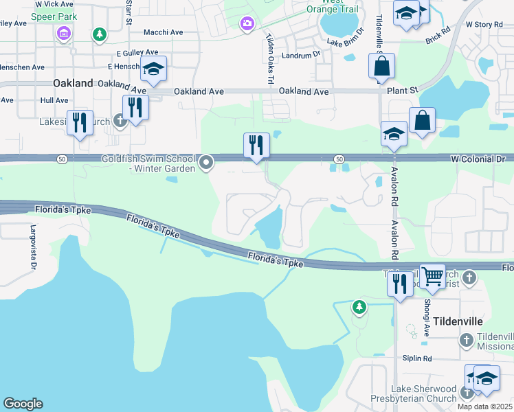 map of restaurants, bars, coffee shops, grocery stores, and more near 1620 Scarlet Oak Loop in Winter Garden
