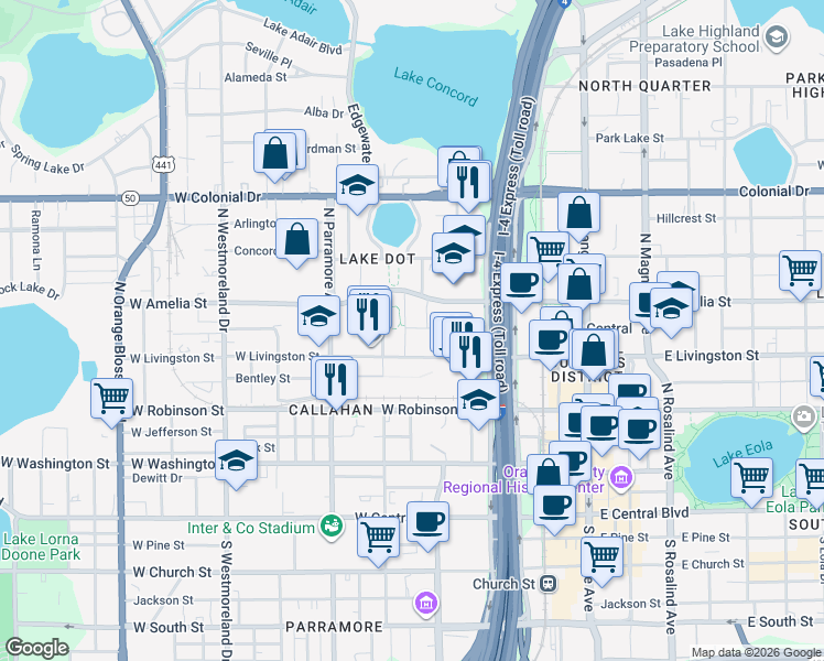 map of restaurants, bars, coffee shops, grocery stores, and more near 434 West Livingston Street in Orlando