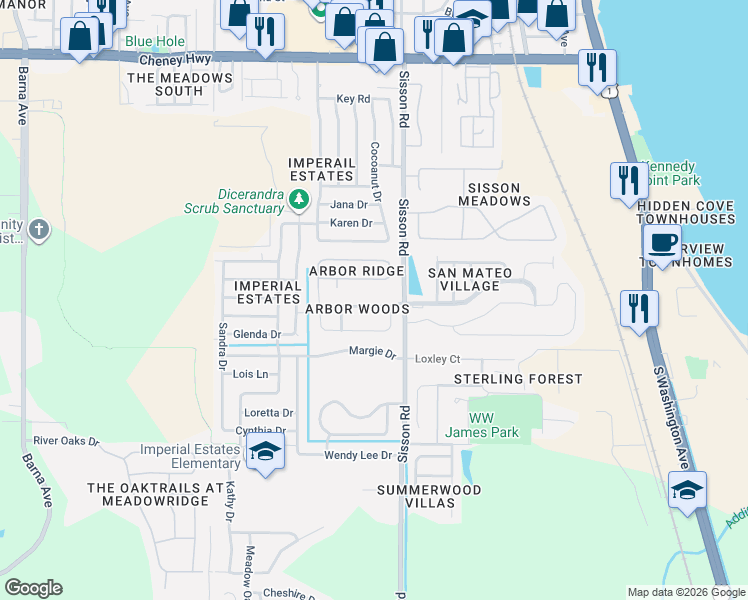 map of restaurants, bars, coffee shops, grocery stores, and more near 351 Meredith Way in Titusville