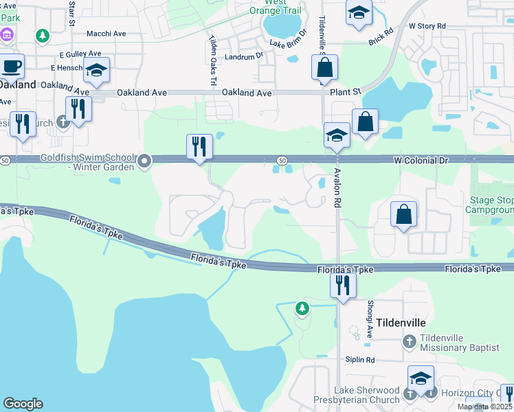 map of restaurants, bars, coffee shops, grocery stores, and more near 15342 Oak Apple Court in Winter Garden