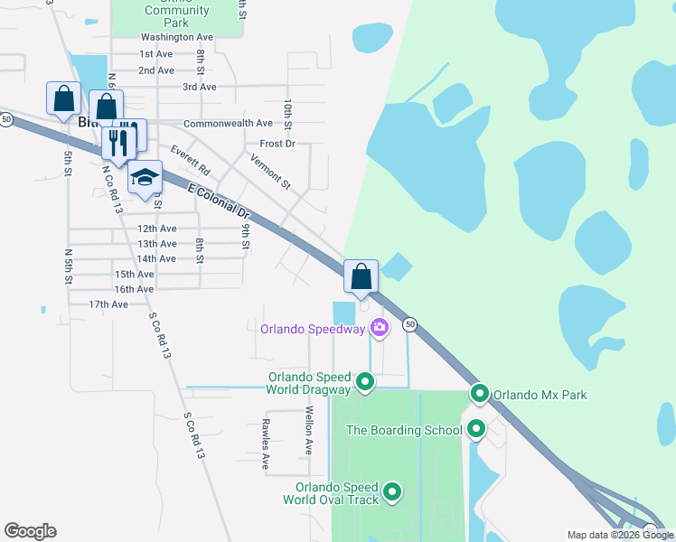 map of restaurants, bars, coffee shops, grocery stores, and more near 18966 East Colonial Drive in Orlando