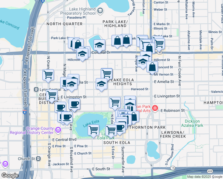 map of restaurants, bars, coffee shops, grocery stores, and more near 603 East Livingston Street in Orlando