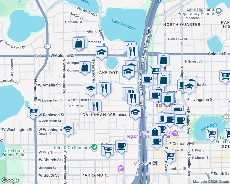 map of restaurants, bars, coffee shops, grocery stores, and more near 434-458 West Livingston Street in Orlando