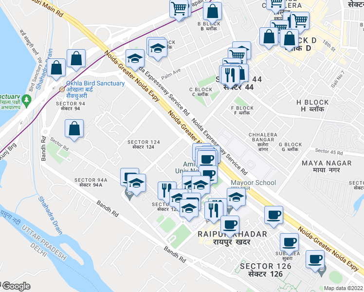 map of restaurants, bars, coffee shops, grocery stores, and more near in Noida