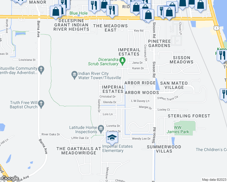 map of restaurants, bars, coffee shops, grocery stores, and more near 906 Grant Road in Titusville