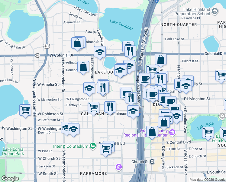 map of restaurants, bars, coffee shops, grocery stores, and more near 434-458 West Livingston Street in Orlando