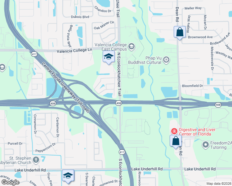 map of restaurants, bars, coffee shops, grocery stores, and more near 405 Glastonbury Drive in Orlando