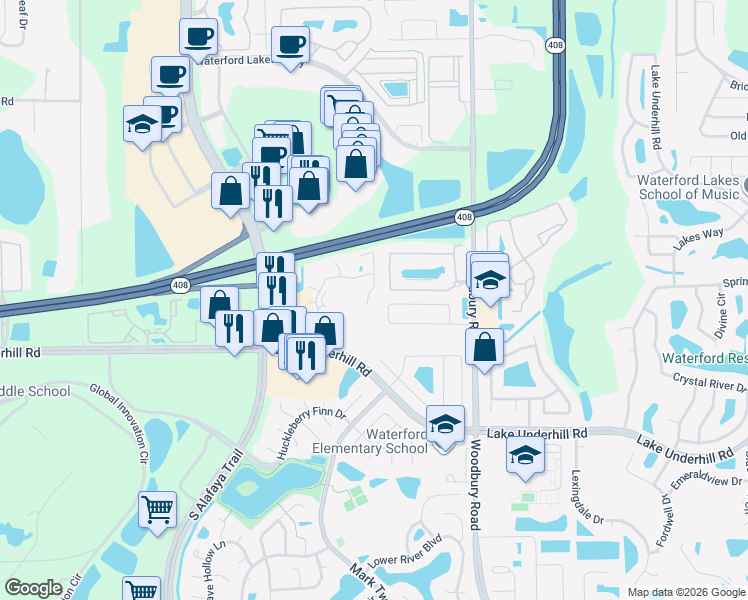 map of restaurants, bars, coffee shops, grocery stores, and more near 12603 Crest Springs Lane in Orlando