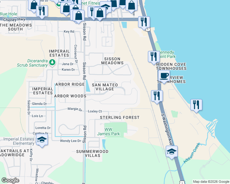 map of restaurants, bars, coffee shops, grocery stores, and more near 259 Forest Trace Circle in Titusville