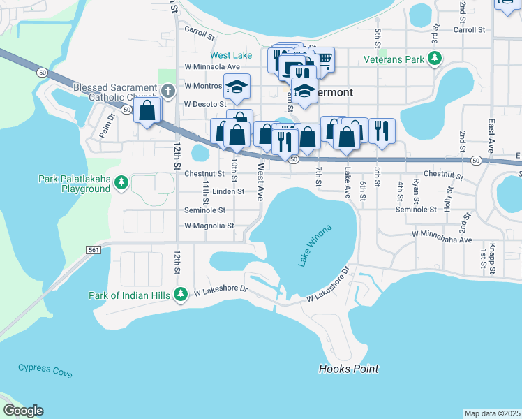 map of restaurants, bars, coffee shops, grocery stores, and more near Seminole Street in Clermont