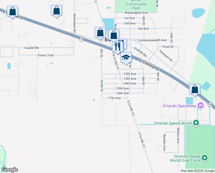 map of restaurants, bars, coffee shops, grocery stores, and more near 18303 16th Avenue in Orlando