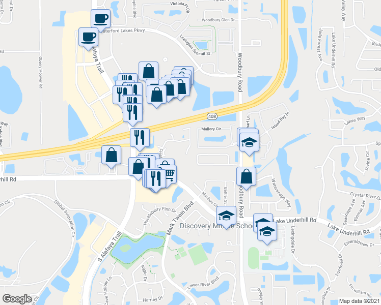 map of restaurants, bars, coffee shops, grocery stores, and more near 12603 Crest Springs Lane in Orlando