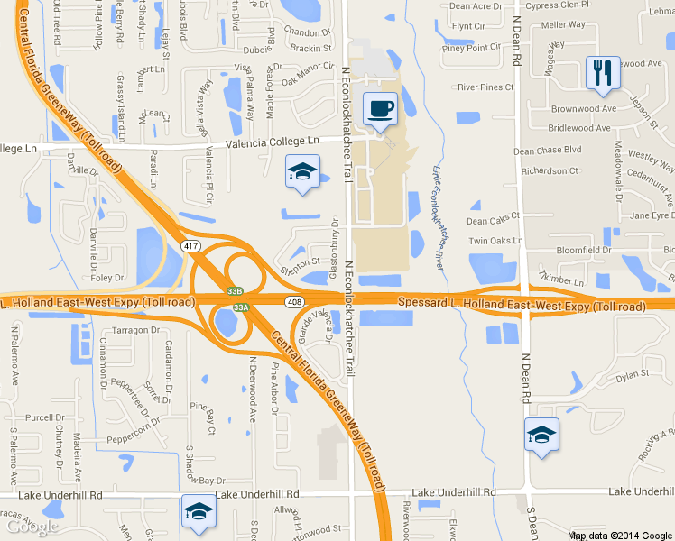 map of restaurants, bars, coffee shops, grocery stores, and more near 405 Glastonbury Drive in Orlando