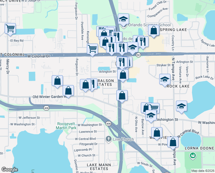 map of restaurants, bars, coffee shops, grocery stores, and more near 2848 Harwood Street in Orlando