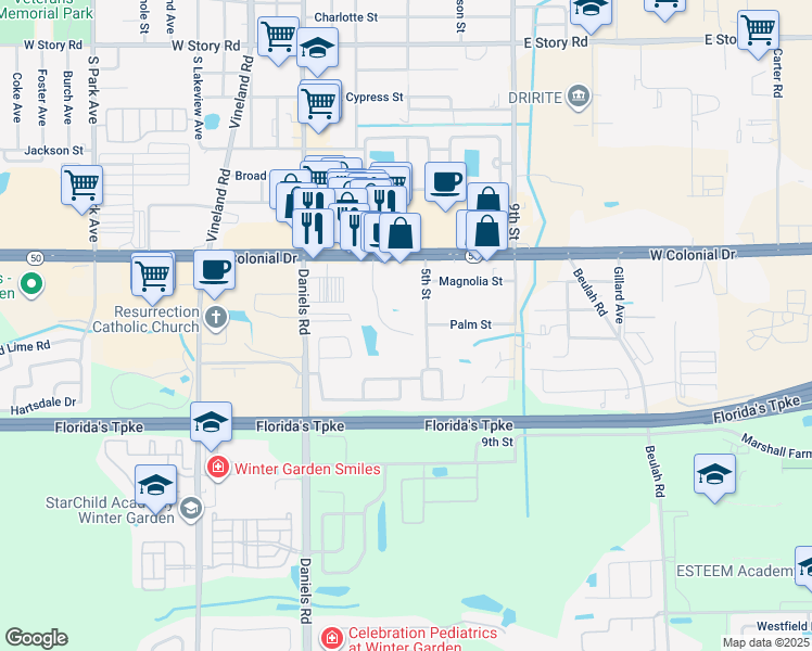 map of restaurants, bars, coffee shops, grocery stores, and more near 167 Windtree Lane in Winter Garden