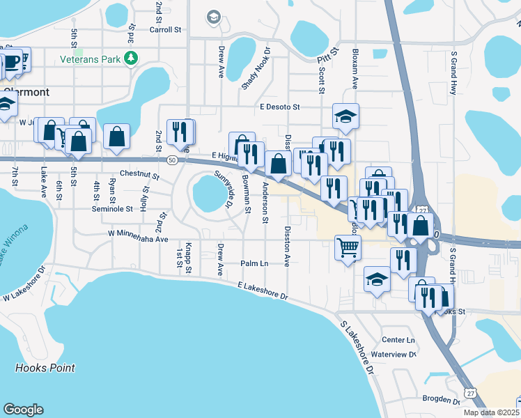 map of restaurants, bars, coffee shops, grocery stores, and more near 1441 Anderson Street in Clermont
