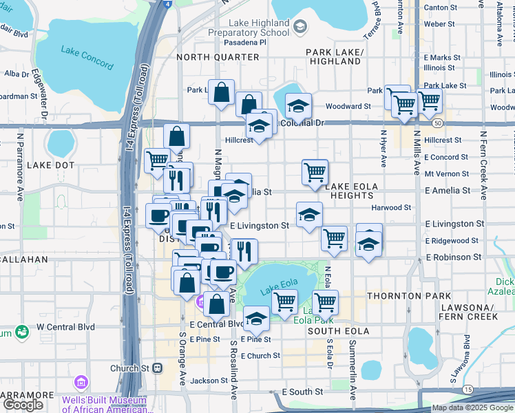 map of restaurants, bars, coffee shops, grocery stores, and more near 429 Ruth Lane in Orlando