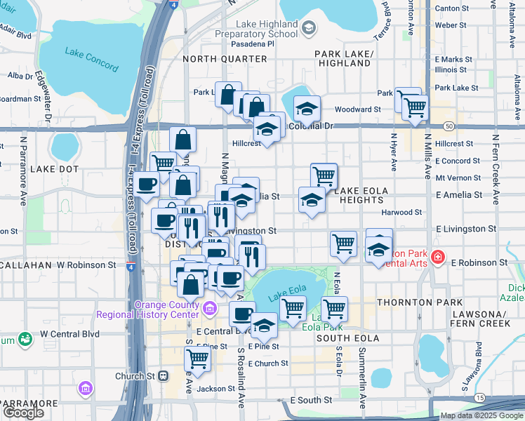 map of restaurants, bars, coffee shops, grocery stores, and more near 123 East Livingston Street in Orlando