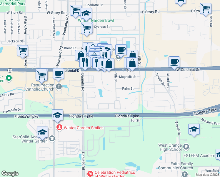 map of restaurants, bars, coffee shops, grocery stores, and more near 167 Windtree Lane in Winter Garden