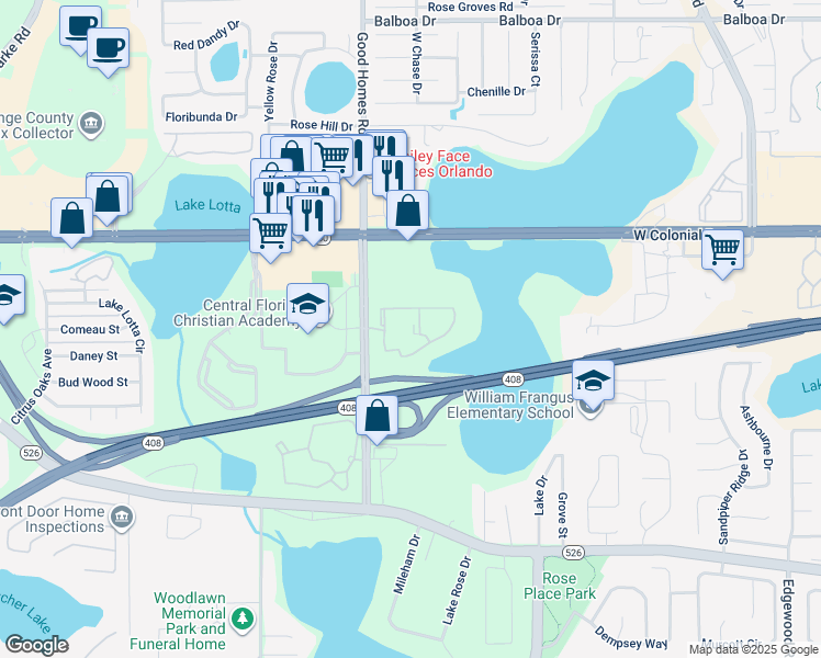 map of restaurants, bars, coffee shops, grocery stores, and more near 8775 Wellesley Lake Drive in Orlando