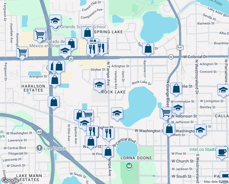 map of restaurants, bars, coffee shops, grocery stores, and more near 434 Ventura Avenue in Orlando