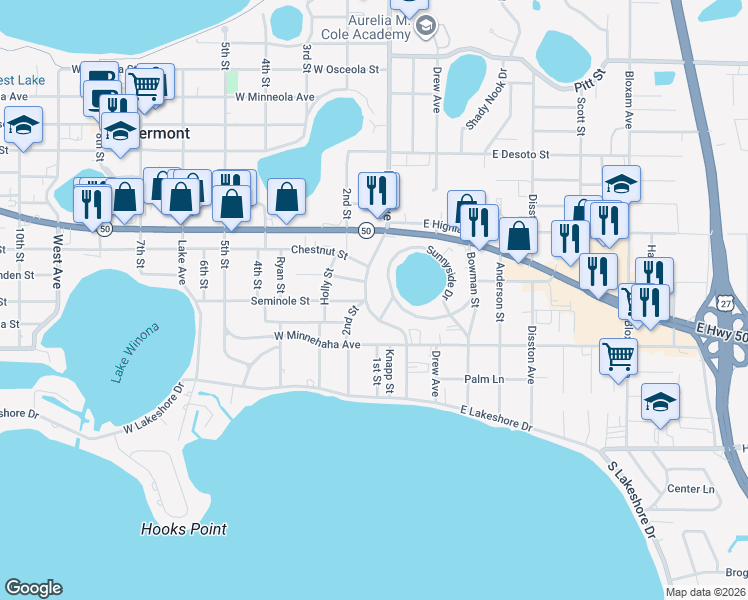 map of restaurants, bars, coffee shops, grocery stores, and more near 1439 2nd Street in Clermont