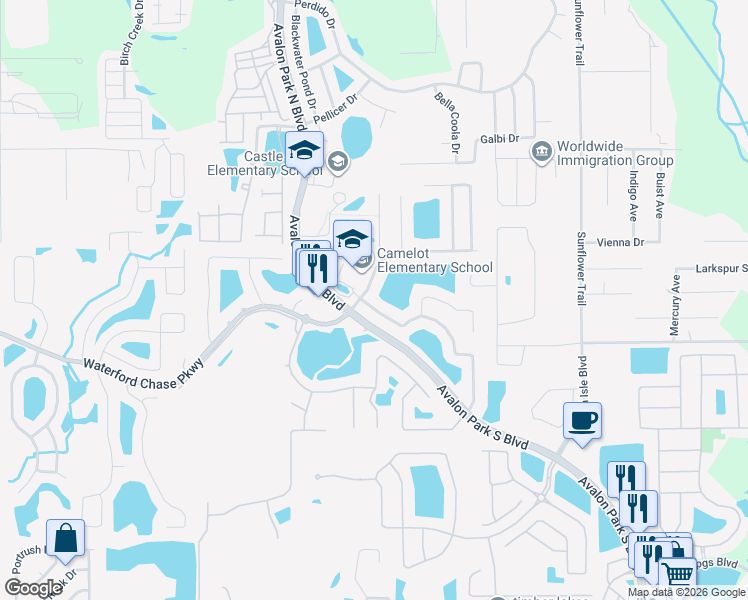 map of restaurants, bars, coffee shops, grocery stores, and more near 1024 Crystal Bay Lane in Orlando