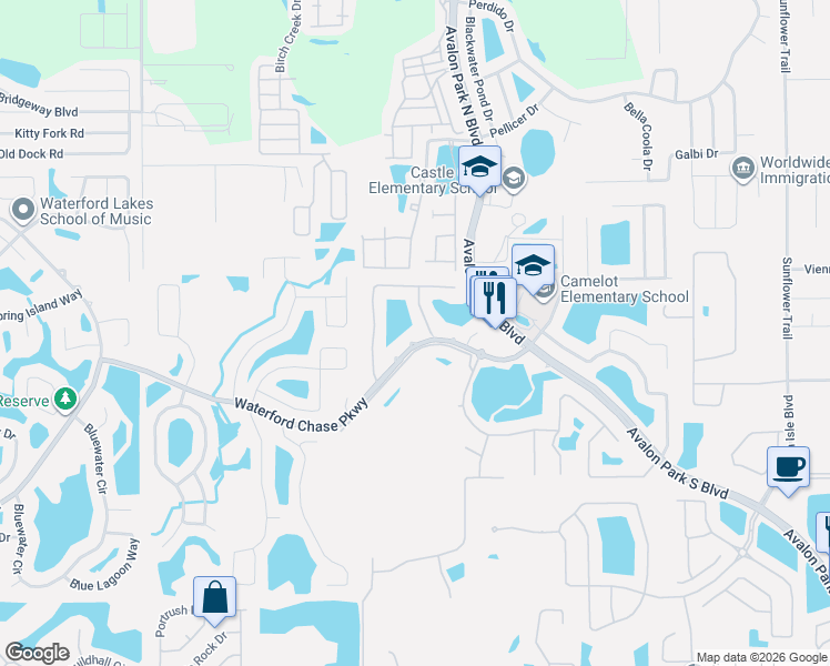 map of restaurants, bars, coffee shops, grocery stores, and more near 14321 Waterford Chase Parkway in Orlando
