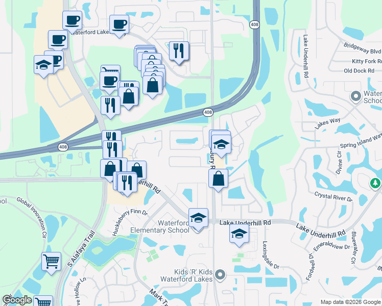 map of restaurants, bars, coffee shops, grocery stores, and more near 12825 Sophiamarie Loop in Orlando