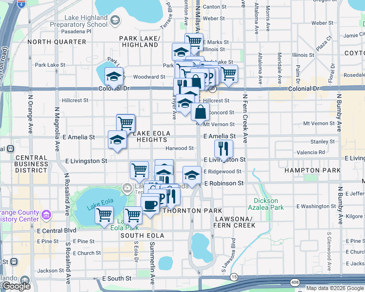 map of restaurants, bars, coffee shops, grocery stores, and more near 407 North Hyer Avenue in Orlando