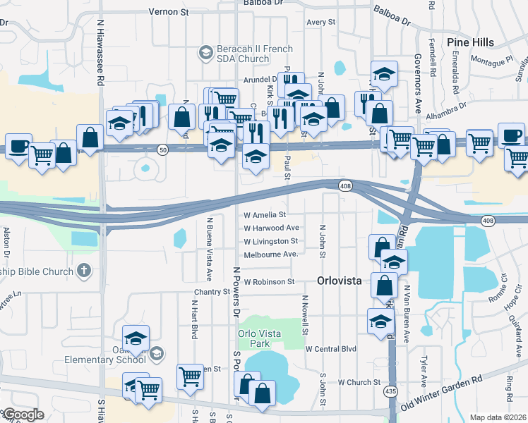 map of restaurants, bars, coffee shops, grocery stores, and more near 6209 West Harwood Avenue in Orlando