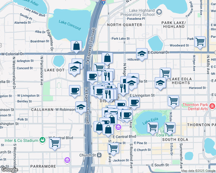 map of restaurants, bars, coffee shops, grocery stores, and more near 460 North Orange Avenue in Orlando