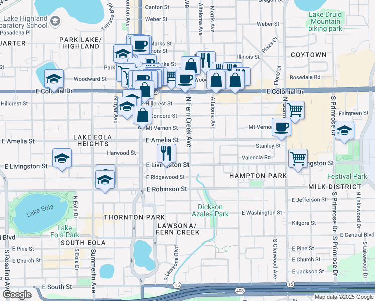 map of restaurants, bars, coffee shops, grocery stores, and more near 1525 Harwood Street in Orlando