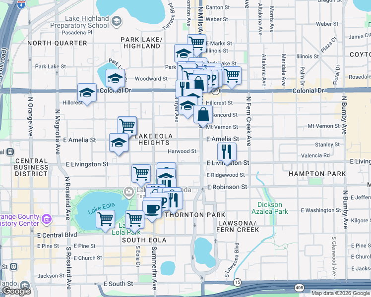 map of restaurants, bars, coffee shops, grocery stores, and more near 407 North Hyer Avenue in Orlando