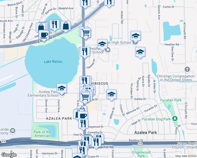 map of restaurants, bars, coffee shops, grocery stores, and more near 540 Hibiscus Way in Orlando