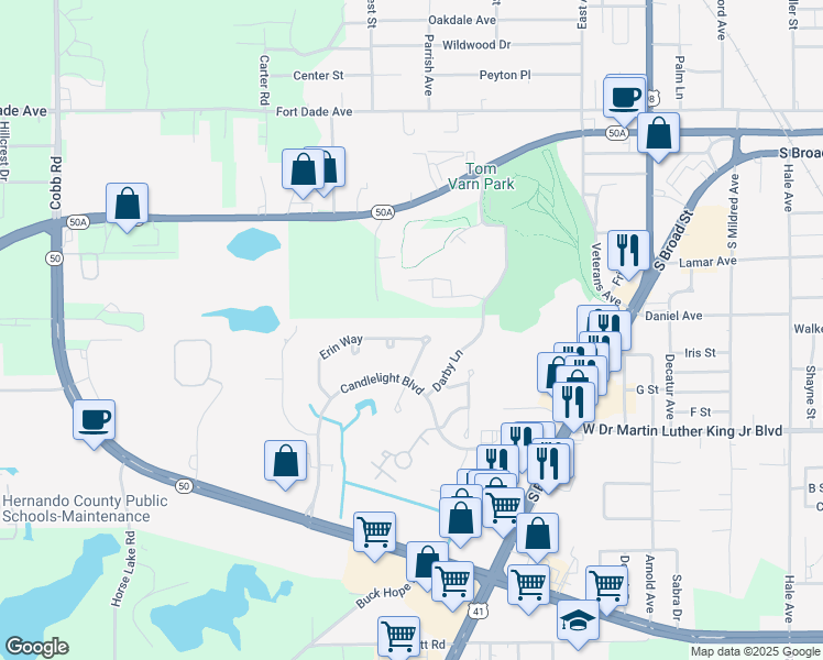 map of restaurants, bars, coffee shops, grocery stores, and more near 634 Erin Way in Brooksville