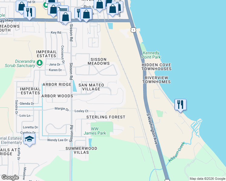 map of restaurants, bars, coffee shops, grocery stores, and more near 314 San Mateo Boulevard in Titusville