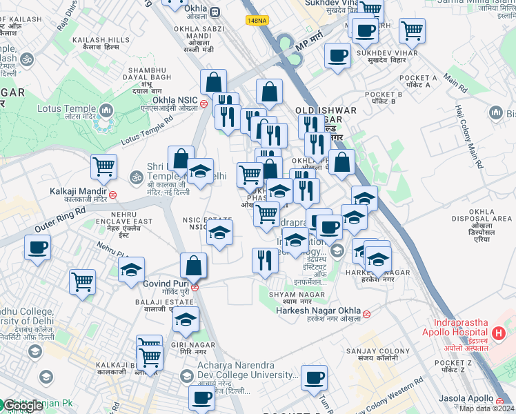 map of restaurants, bars, coffee shops, grocery stores, and more near 84 Okhla Phase 3 Road in New Delhi