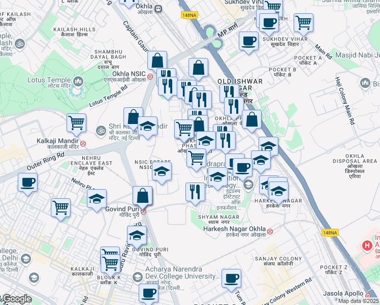 map of restaurants, bars, coffee shops, grocery stores, and more near 84 Okhla Phase 3 Road in New Delhi