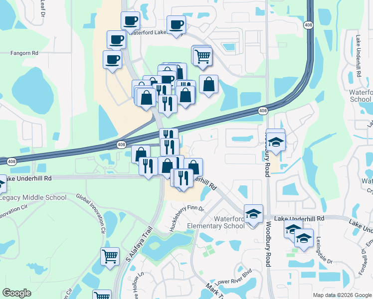 map of restaurants, bars, coffee shops, grocery stores, and more near 12315 Lake Underhill Road in Orlando