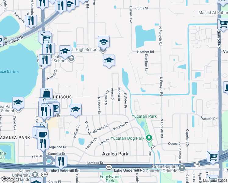 map of restaurants, bars, coffee shops, grocery stores, and more near 132 Areca Drive in Orlando