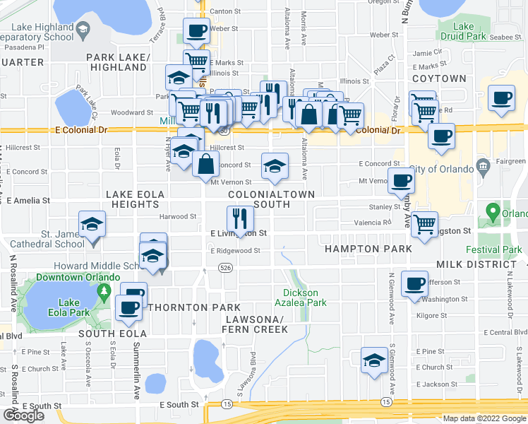 map of restaurants, bars, coffee shops, grocery stores, and more near in Orlando