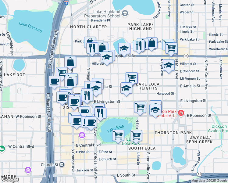 map of restaurants, bars, coffee shops, grocery stores, and more near 309 East Amelia Street in Orlando
