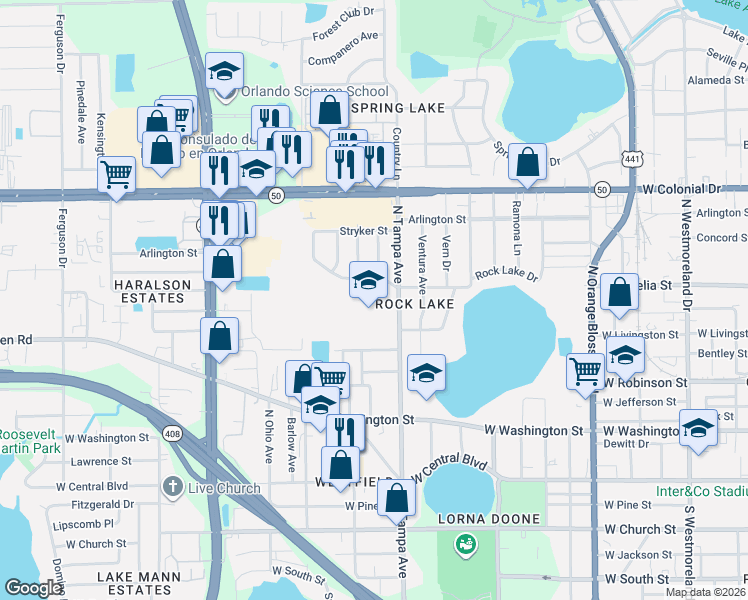 map of restaurants, bars, coffee shops, grocery stores, and more near 2022 West Amelia Street in Orlando